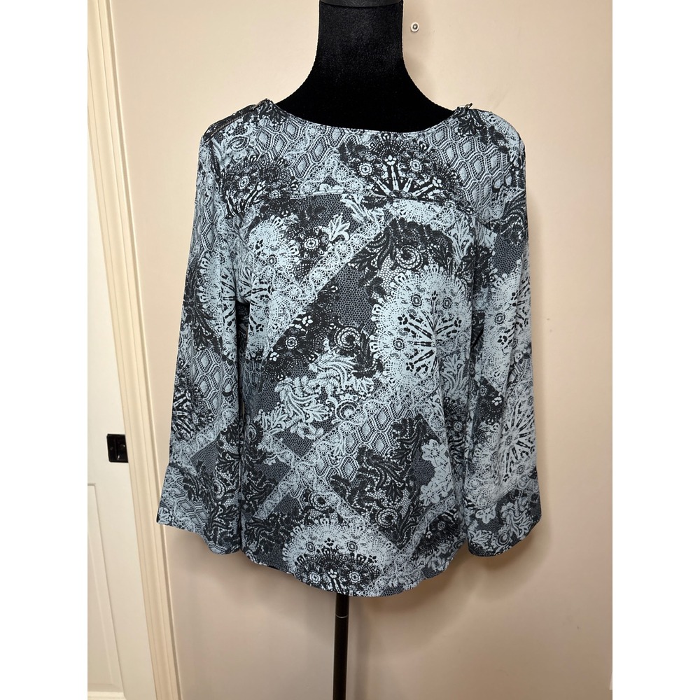 Maurices Blue Black Lace Paisley Blouse Long Sleeve Shoulder Zip Small